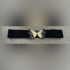 Vintage 1980’s Elegant Black and Gold Enameled Gold-tone Butterfly Belt Stretch